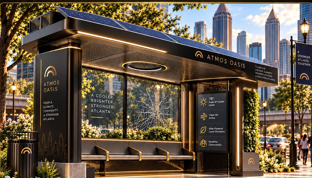 Atmos Oasis concept: gold-and-obsidian solar public shelter in downtown Atlanta