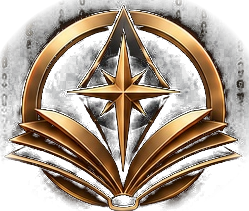 Research emblem: golden compass and open book