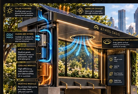 Atmos Oasis concept with cooling and heating air flow overlays