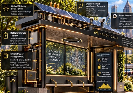 Atmos Oasis concept with solar panels, wiring, and energy monitoring
